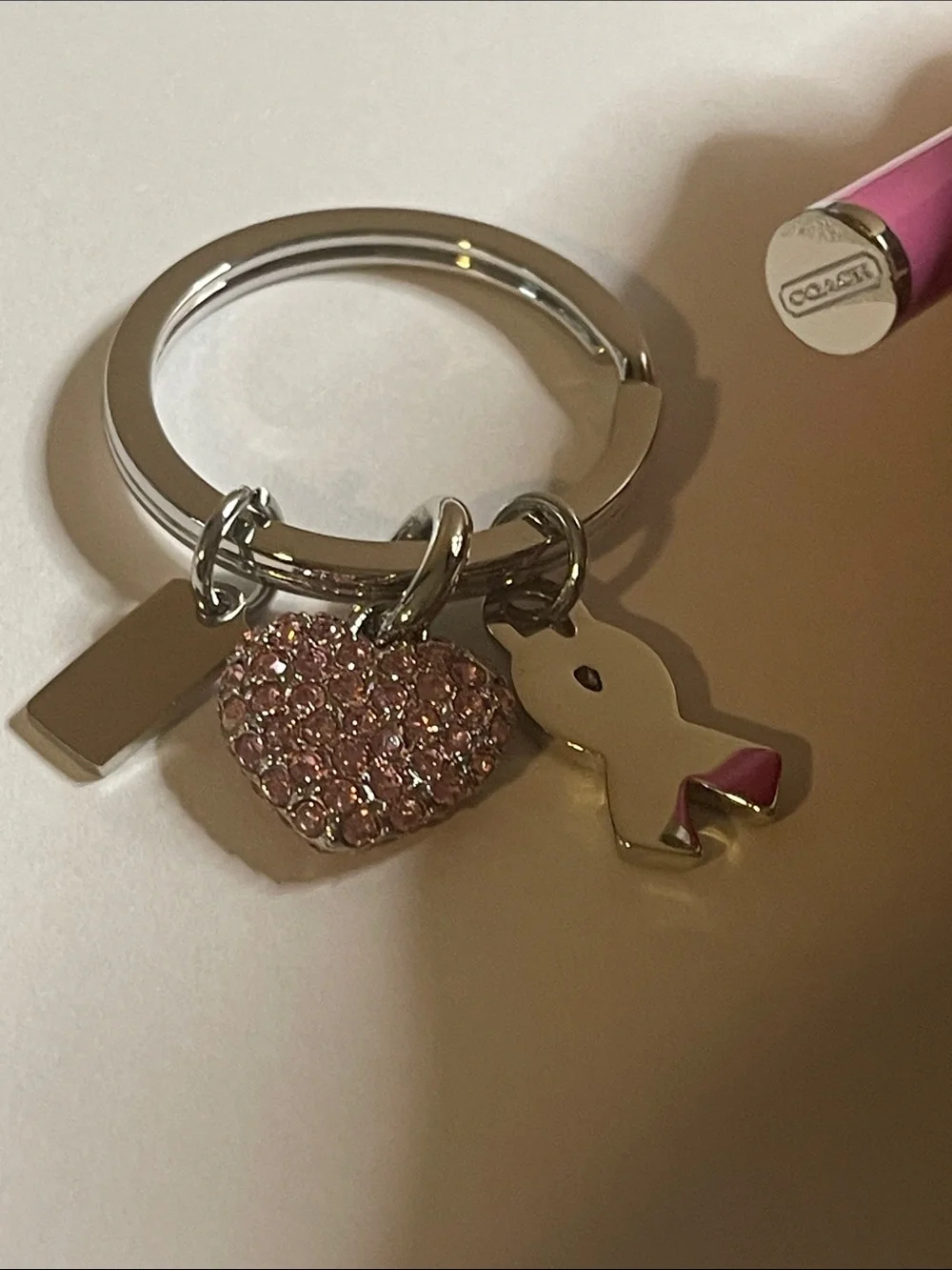 COACH Pink Heart & Ribbon Crystal Keyring and Coach Pen